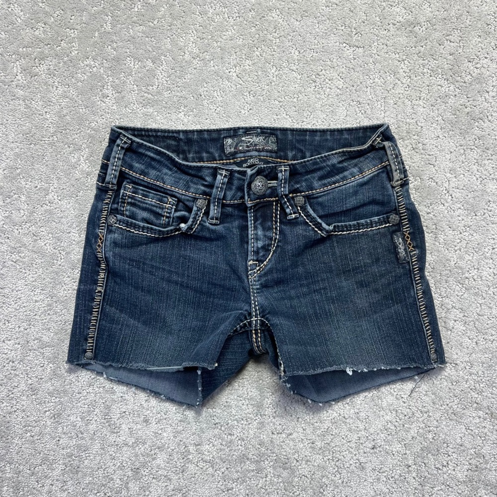 Silver Jeans Co Aiko Denim Shorts W25 Blue Dark Wash Cutoff Raw Hem Low Rise